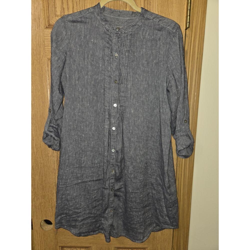 J Jill Womens Navy Blue Linen Ruffled Button-up Tunic Dress Blouse Size Small